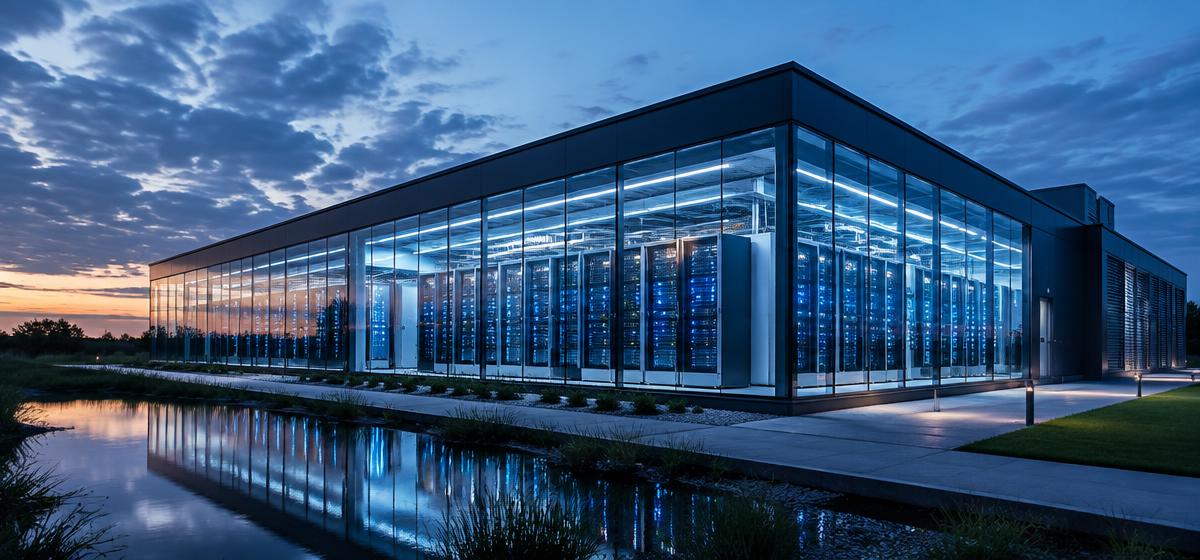 Glass-fronted data center illuminated at dusk