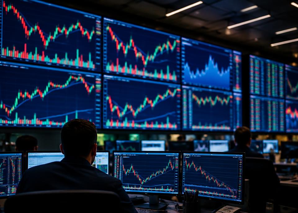 Market charts on a trading floor